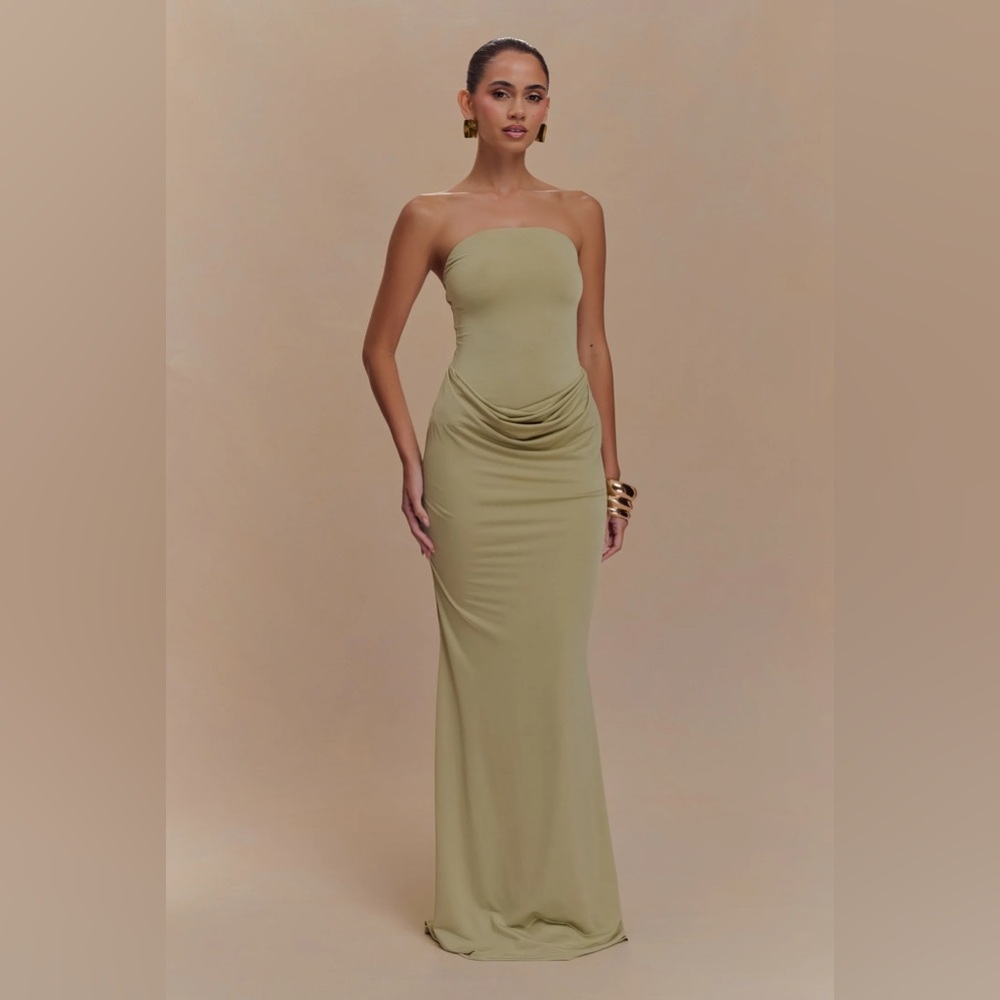 Meshki Olive Strapless Draped Maxi Dress